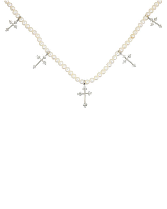 Pearl fifth crosse 14k white gold necklace image number 2