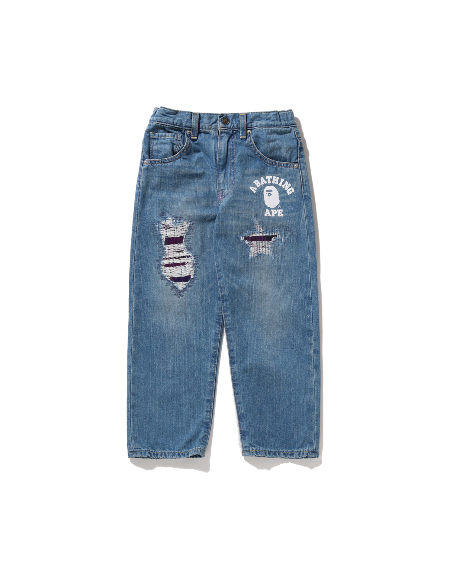 Shop Color Camo Patched Damaged Denim Pants Online | BAPE