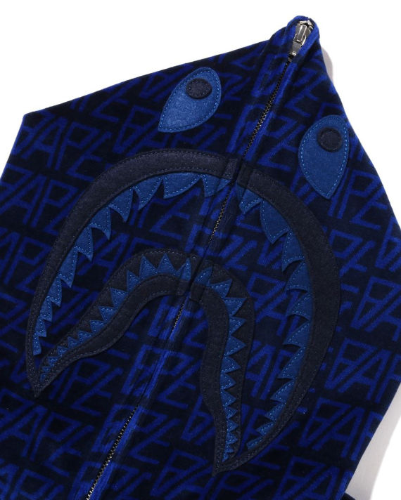 BAPE Logo Monogram Velour Shark Full Zip Hoodie Navy
