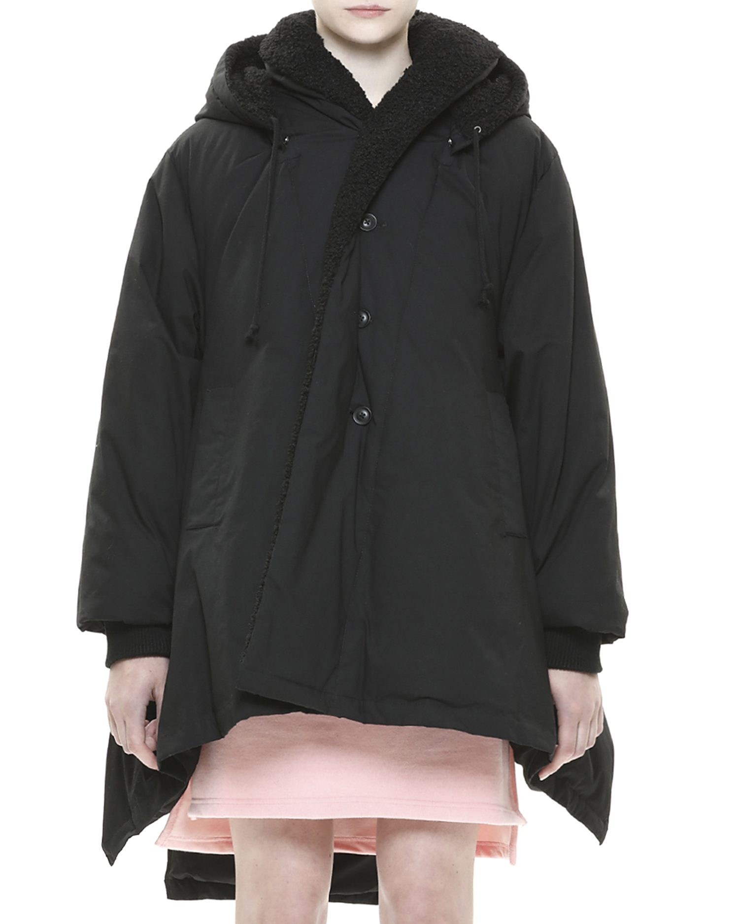 Asymmetric hooded skirted outlet coat