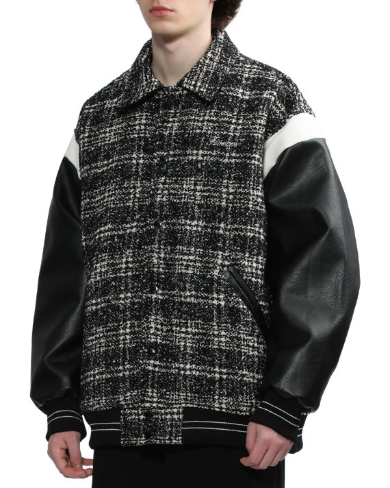 Faux leather panelled tweed bomber jacket image number 2