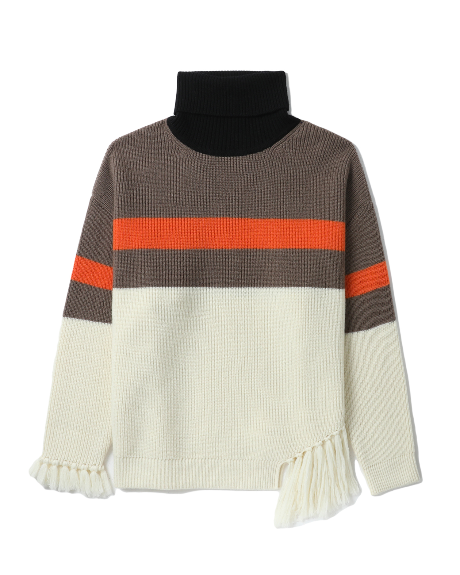 Asymmetric fringe turtleneck sweater
