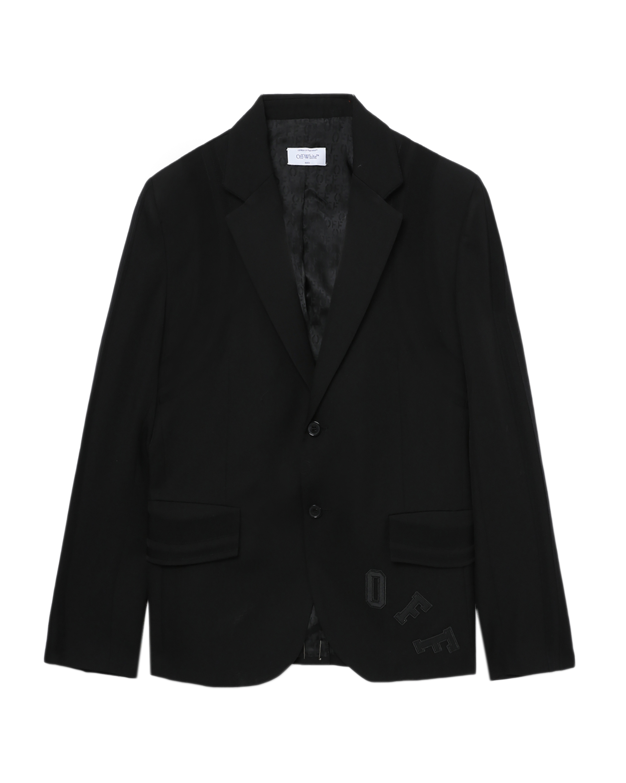 all white with black blazer