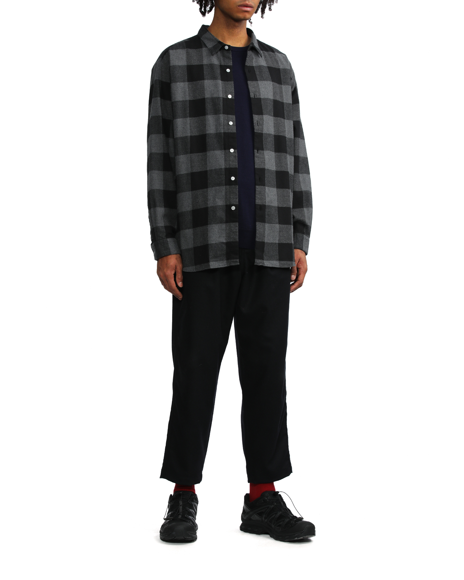 Baggy regular collar flannel block check shirt