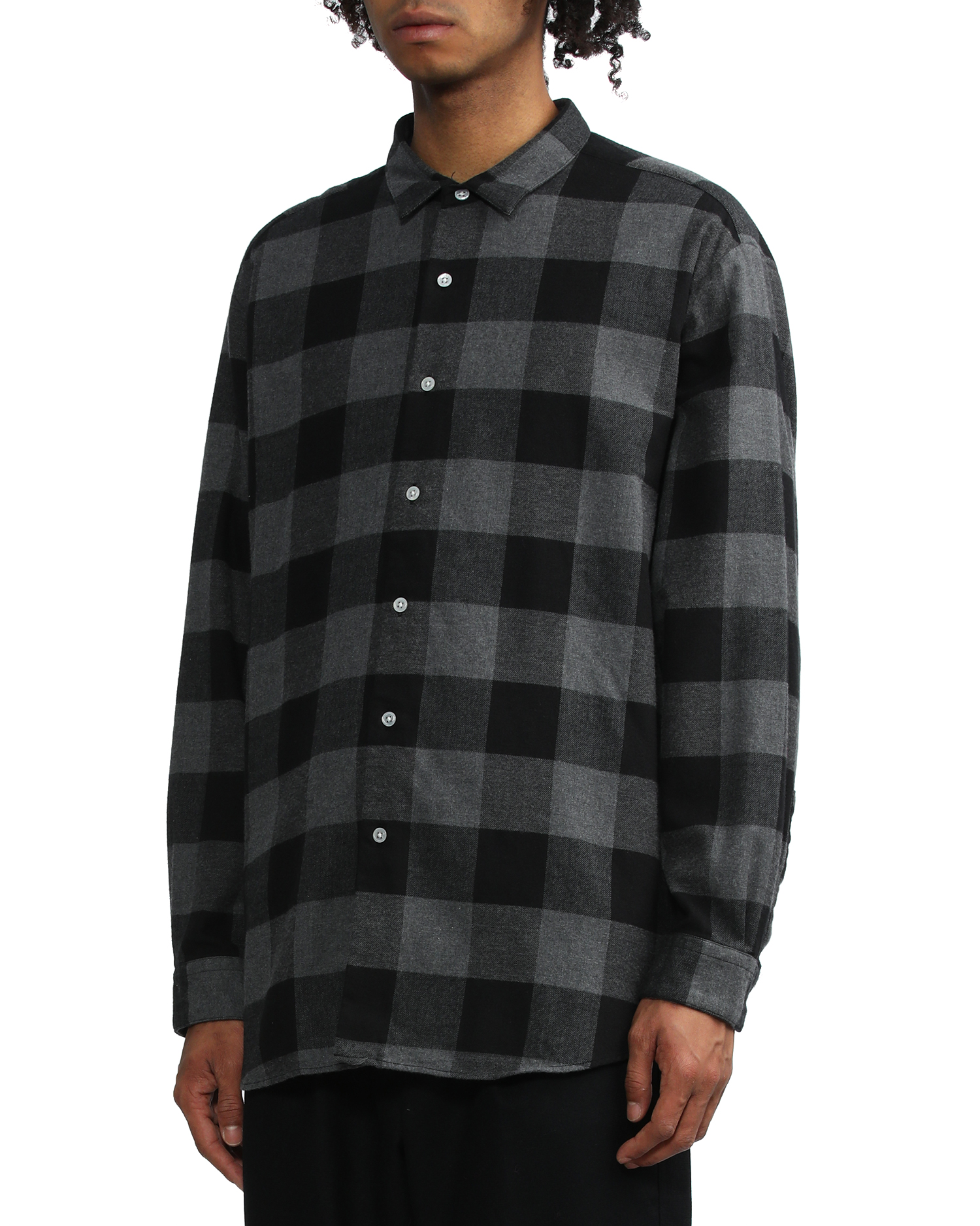 Baggy regular collar flannel block check shirt