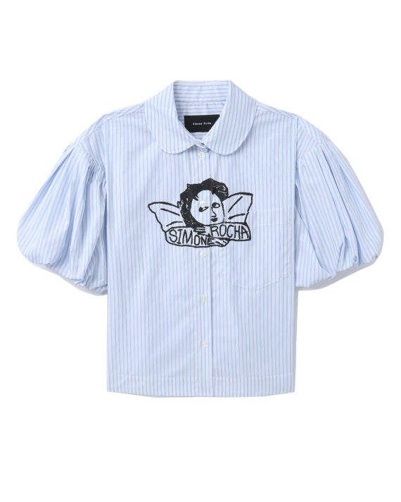 Cropped striped puff sleeve shirt with graphic project print image number 0