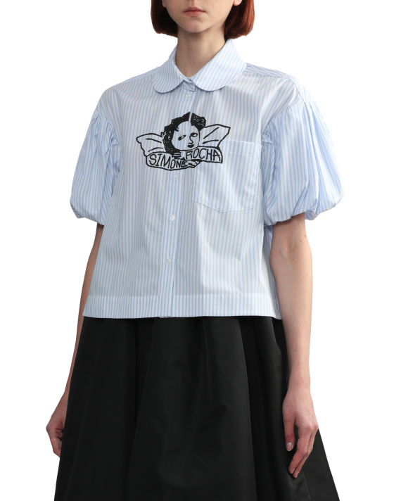 Cropped striped puff sleeve shirt with graphic project print image number 2