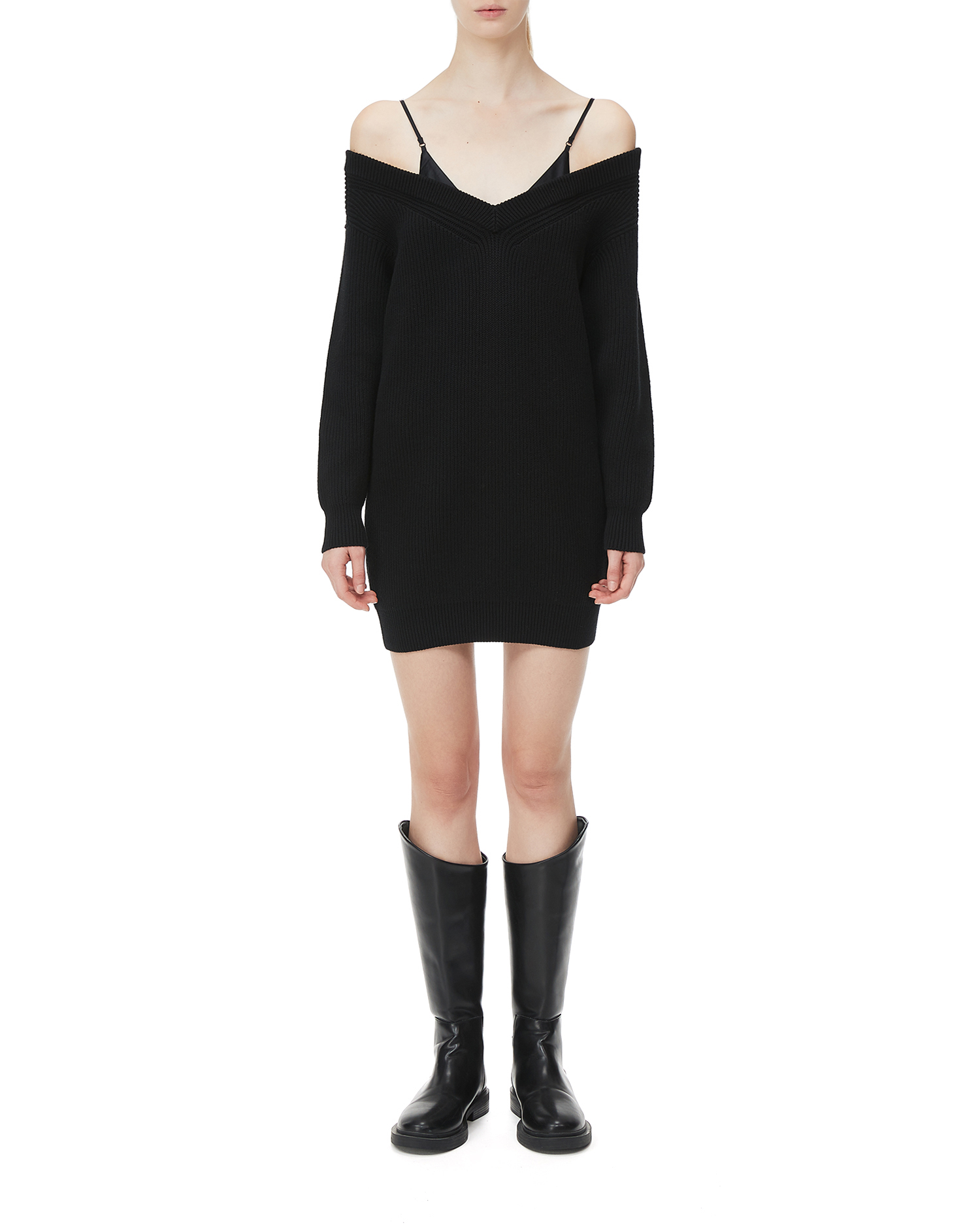 V-neck ribbed cotton sweater dress| ITeSHOP