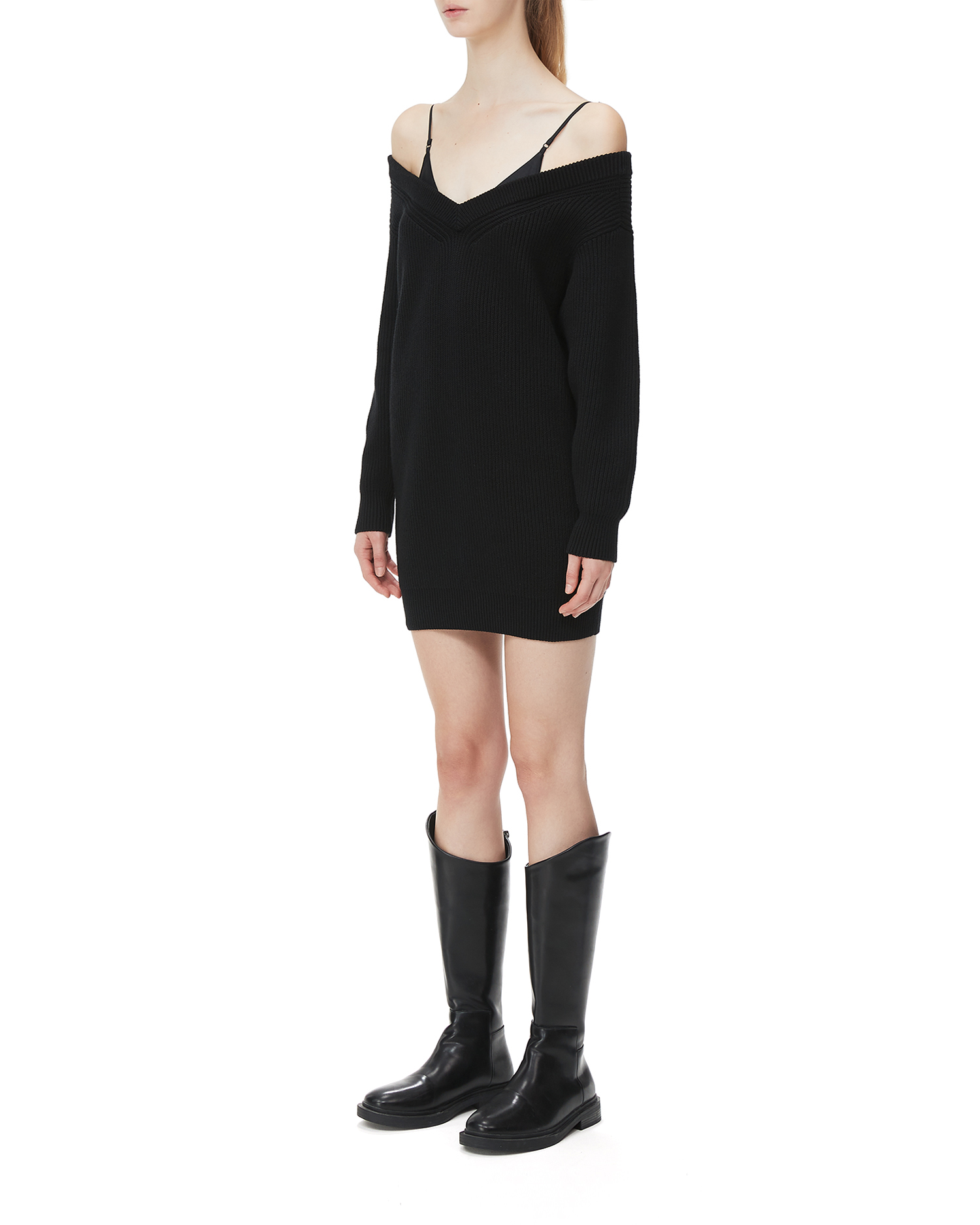 V-neck ribbed cotton sweater dress| ITeSHOP
